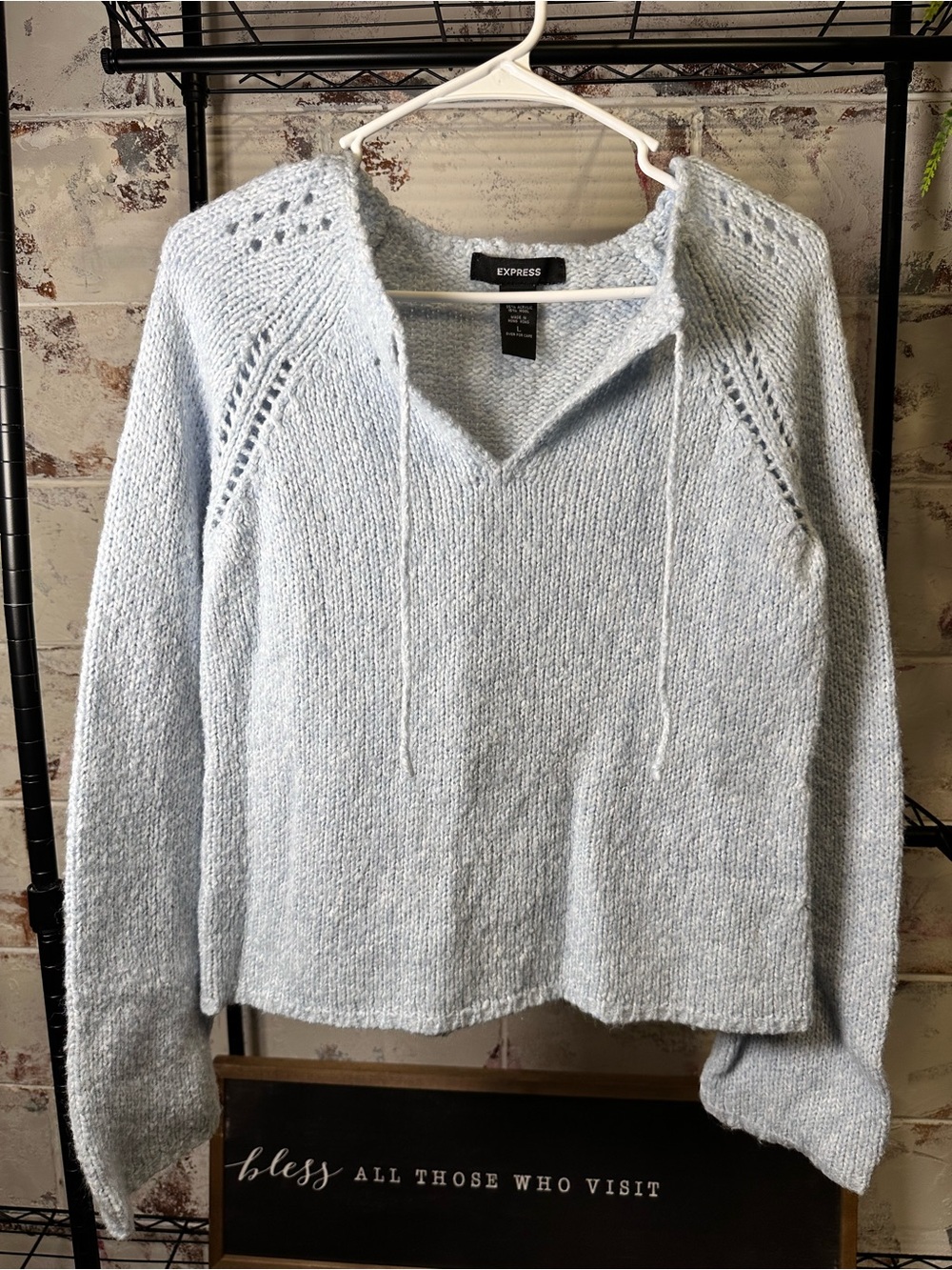 Express Pale Blue V-Neck Tie Front Knit Sweater